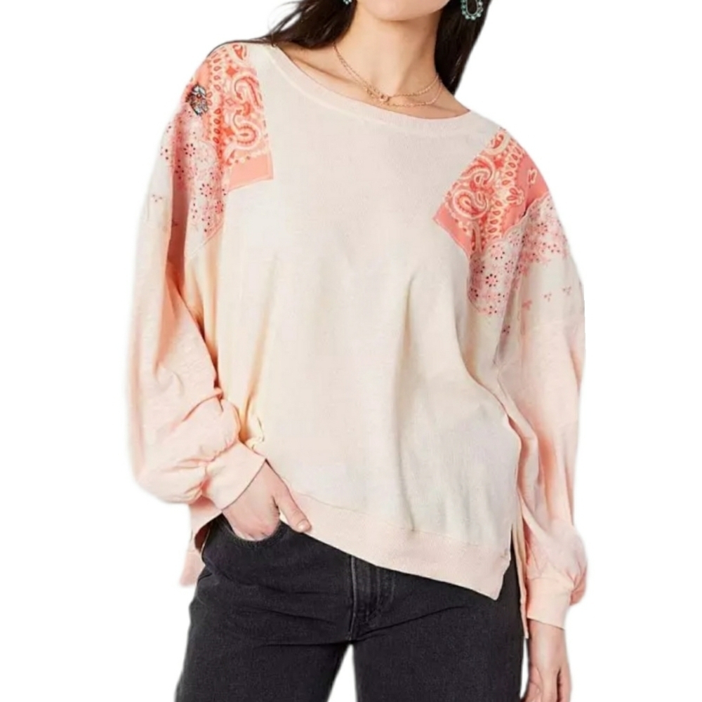 We The Free Patchwork Peach Pullover Top - image 1